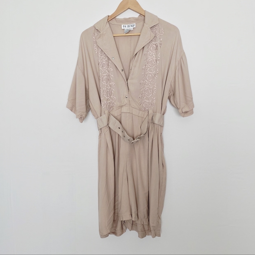 Together Vintage Tan Floral Embroidery Short Sleeves Collared Romper Size 14